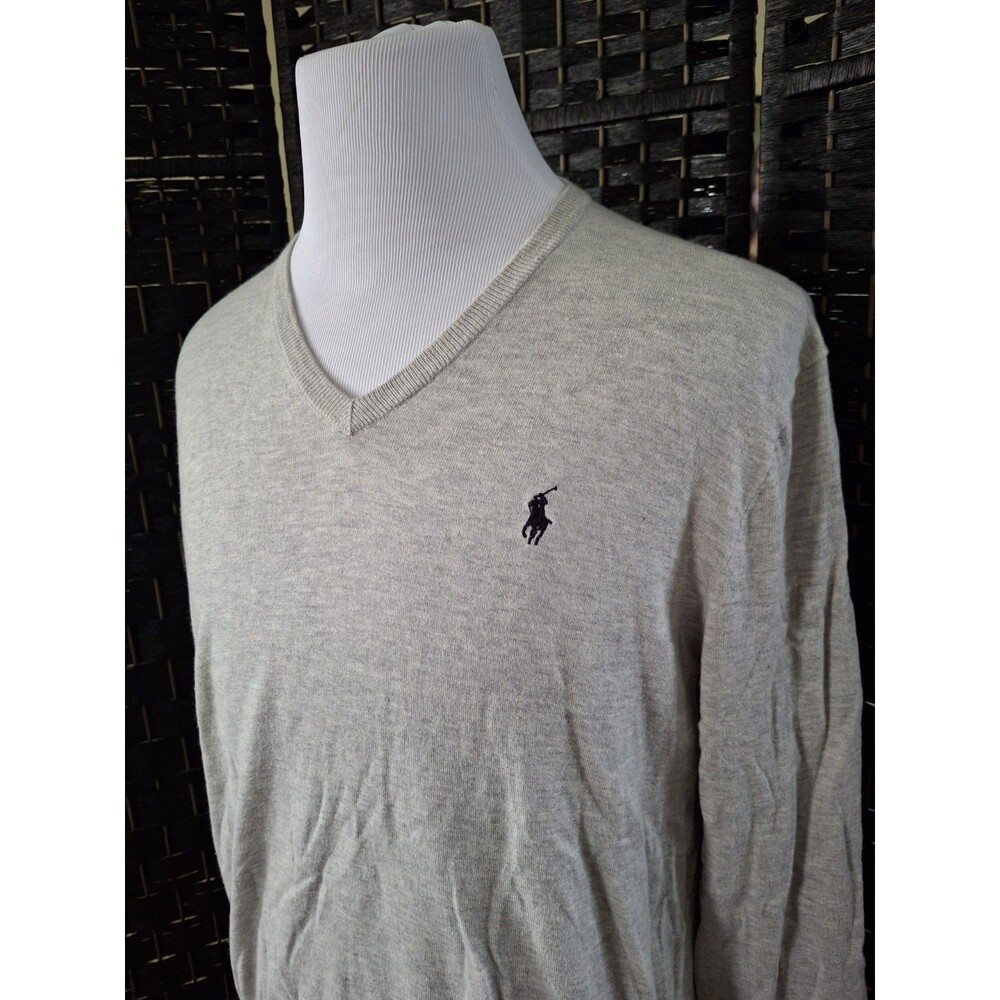 Polo Ralph Lauren Sweater Mens Large V Neck Gray Cotton Cashmere Y2K Vtg Preppy